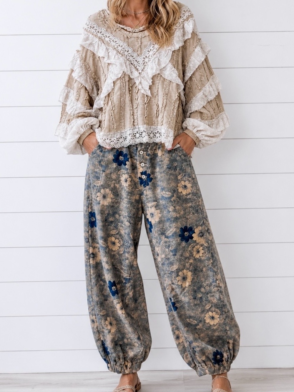 NEW POLSET: “The Flora” Boho Trim Cream Lace Blouse and Floral button joggers - Picture 2 of 4